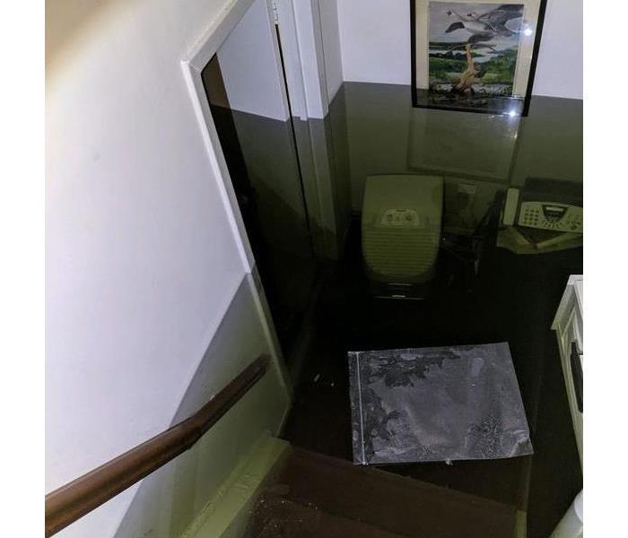 Standing water in a basement with floating debris at the bottom of the wet stairs