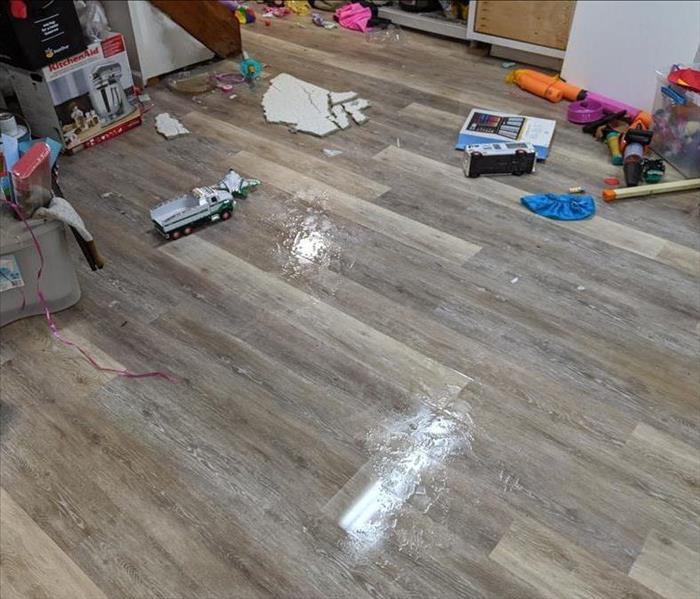 A room with hardwood flooring that is wet, with toys on the floor. 