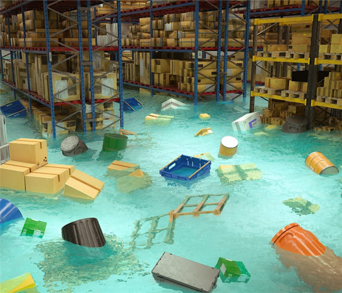 a flooded warehouse with products floating around