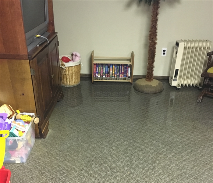 standing water in living room, flooded carpet